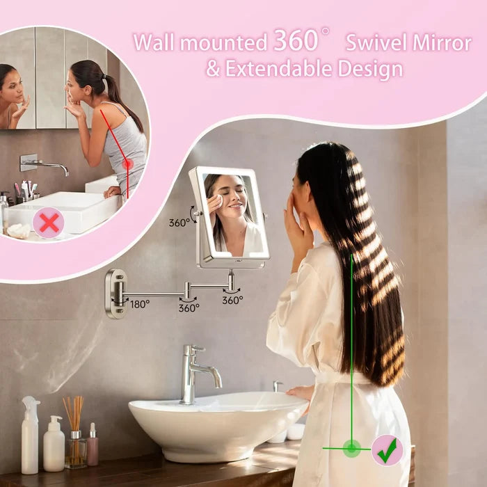 Funtouch wall mirror with 360° swivel and extendable arm, showing correct installation and usage in bathroom vanity.