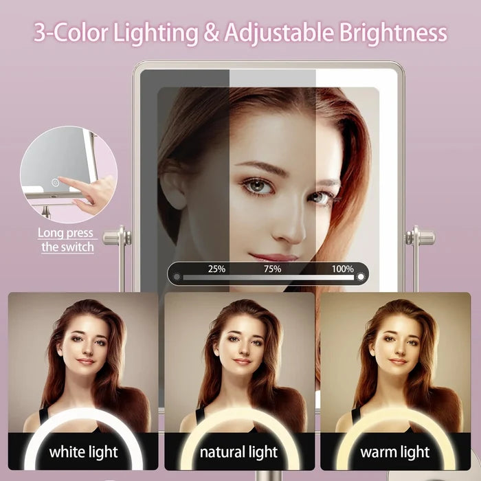 Funtouch wall-mounted mirror with 3 color LED lights (white, natural, warm) and touch-controlled stepless brightness adjustment.