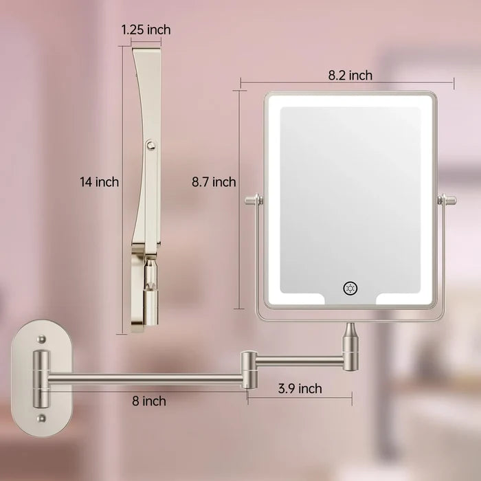 Funtouch square wall-mounted makeup mirror dimensions chart, showing arm length, mirror size and installation measurements.