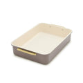 Reserve 13″ x 9″ rectangular aluminized steel pan in latte with a cream interior and gold-toned handles.