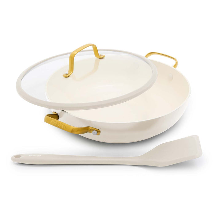 Cream ceramic nonstick 3.75-quart everyday pan with matching lid.