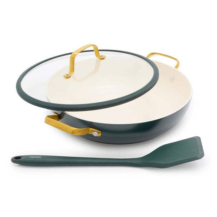 Spruce green ceramic everyday pan with gold handles, glass lid, and matching spatula, 3-piece set.