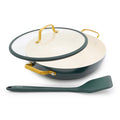 Spruce green ceramic everyday pan with gold handles, glass lid, and matching spatula, 3-piece set.