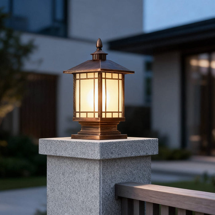 Retro Die-Cast Aluminum Frosted Glass Outdoor Pillar Light Black or Bronze 3 Grid Styles IP55 Hardwired E27 | NordaLight