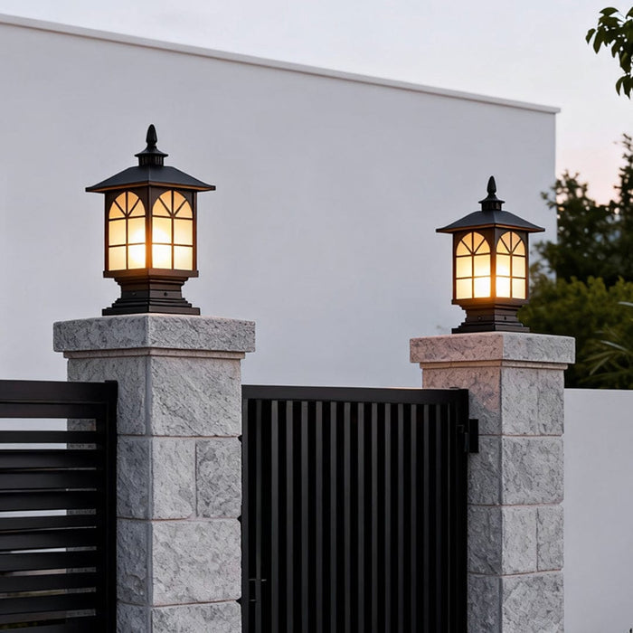 Retro Die-Cast Aluminum Frosted Glass Outdoor Pillar Light Black or Bronze 3 Grid Styles IP55 Hardwired E27 | NordaLight
