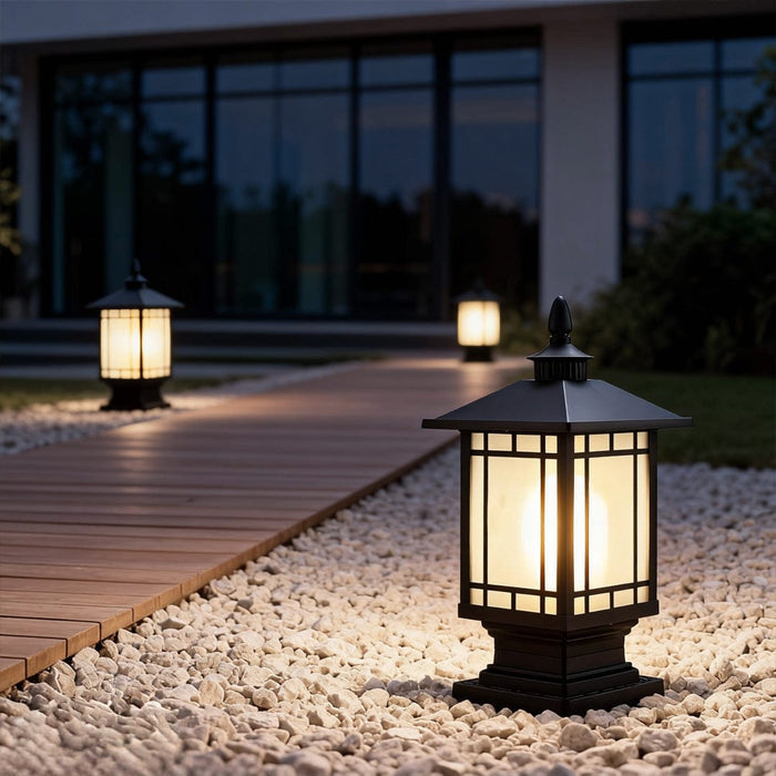 Retro Die-Cast Aluminum Frosted Glass Outdoor Pillar Light Black or Bronze 3 Grid Styles IP55 Hardwired E27 | NordaLight