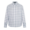 Men's oversized retro grey plaid long-sleeve button-up shirt with point collar and chest pocket, front and back view