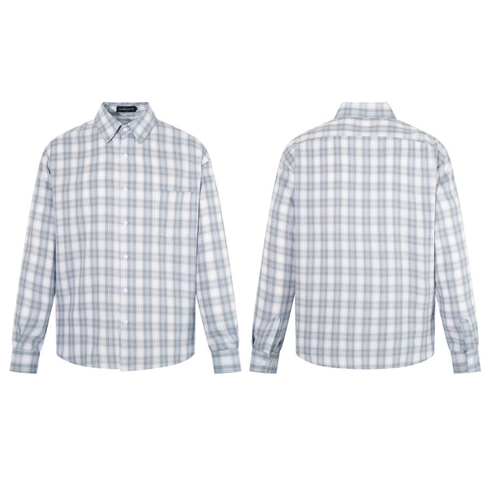 Light gray plaid long-sleeve shirt shown front and back, with button-up collar and chest pocket