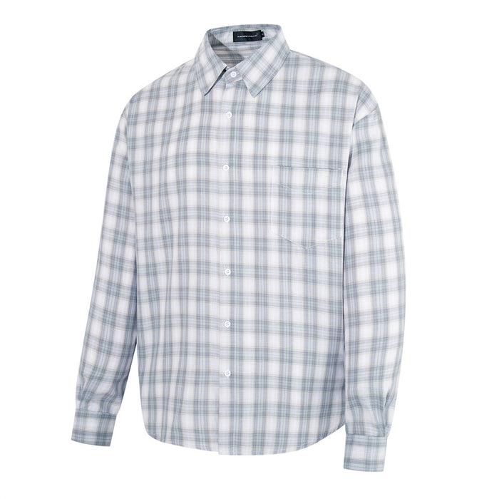 Front view of a light gray plaid button-up shirt with long sleeves and chest pocket