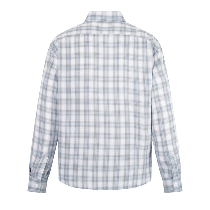 Back view of a light gray plaid long-sleeve shirt with a relaxed fit