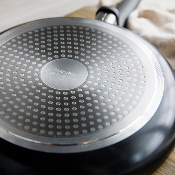 Bottom of a Rio ceramic nonstick pan showing a dotted metal pattern and GreenPan logo.