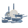 12-piece Dutch blue ceramic cookware set with pots, pans, lids, and utensils arranged on a white background.