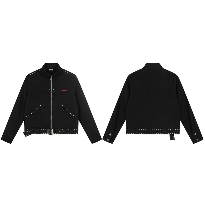 Black cropped rider jacket with silver rivet trim, adjustable studded belt, center zip, and red embroidered logo, shown front