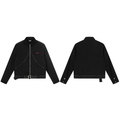 Black cropped rider jacket with silver rivet trim, adjustable studded belt, center zip, and red embroidered logo, shown front