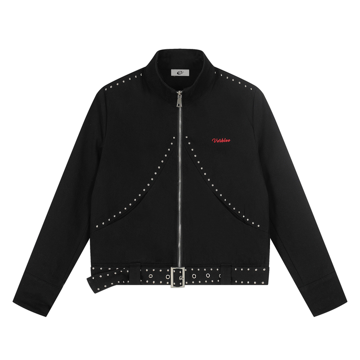 Black cropped moto jacket with silver studs, front view and buckle belt hem
