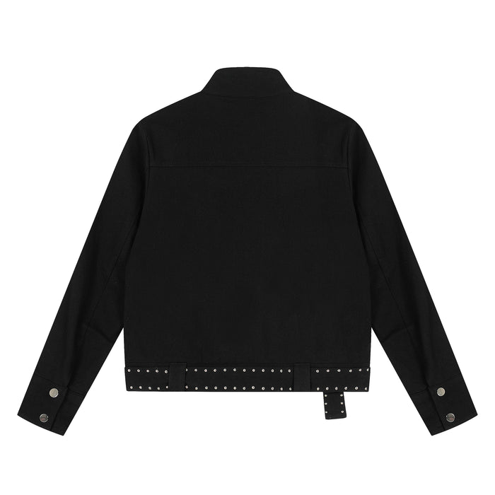 Back view of black cropped rider jacket with studded hem and sleeve cuffs