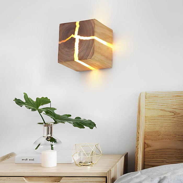 Rustic Wood Cube Wall Sconce Cracked Grain LED Square Bedroom Living Room | NordaLight