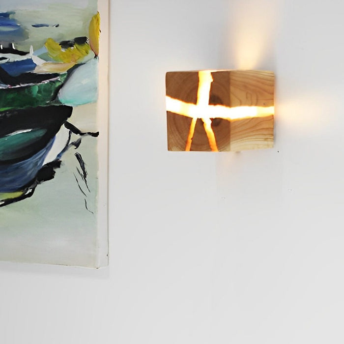 Rustic Wood Cube Wall Sconce Cracked Grain LED Square Bedroom Living Room | NordaLight