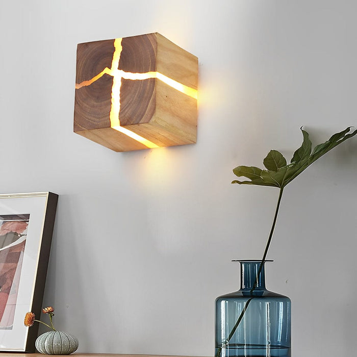 Rustic Wood Cube Wall Sconce Cracked Grain LED Square Bedroom Living Room | NordaLight
