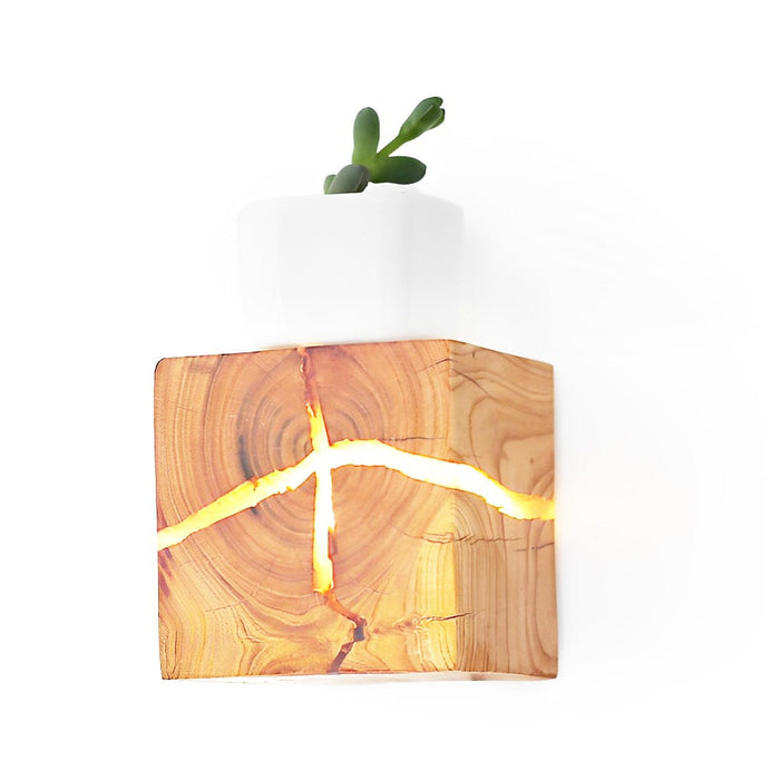 Rustic Wood Cube Wall Sconce Cracked Grain LED Square Bedroom Living Room | NordaLight
