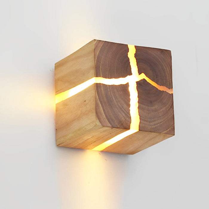 Rustic Wood Cube Wall Sconce Cracked Grain LED Square Bedroom Living Room | NordaLight