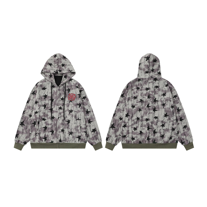 Front and back view of an oversized grey washed zip hoodie with all-over black star print and olive green ribbed cuffs
