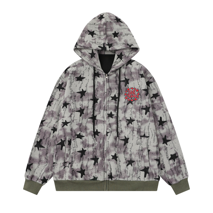 Front view of washed zip hoodie with all-over black star print, hood up and red chest patch