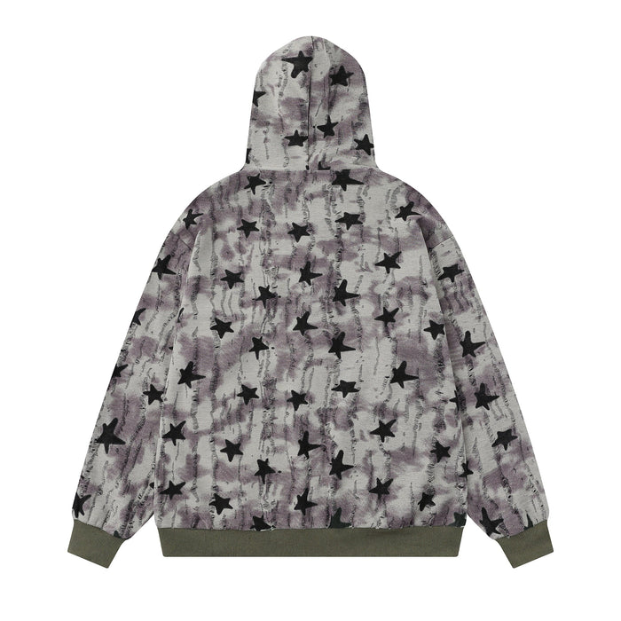 Back view of star print zip hoodie with washed gray-purple fabric and olive ribbed hem