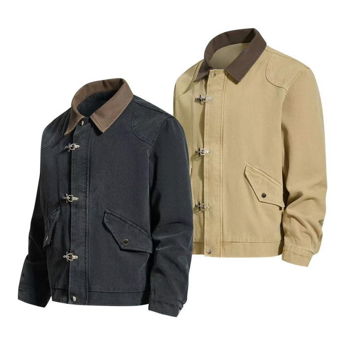 Black and beige cropped toggle work jacket shown front view
