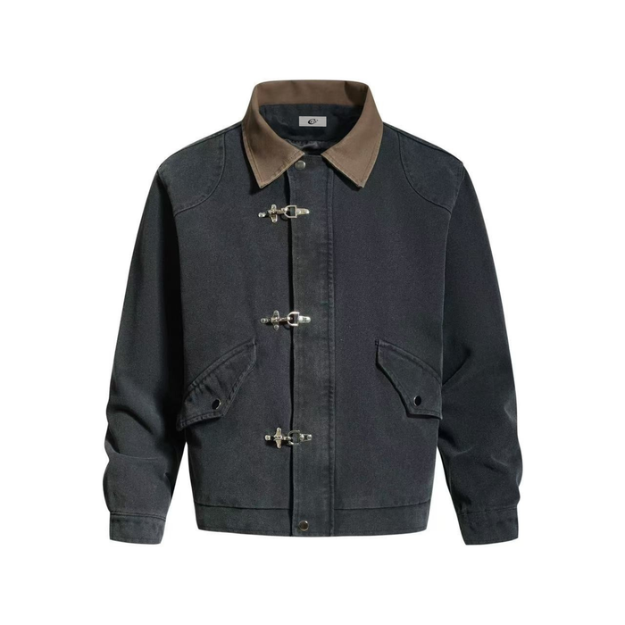 Black cropped work jacket front view with beige collar and toggle closures