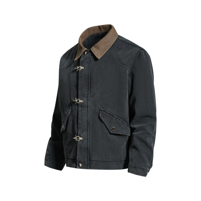 Black utility jacket angled front view with beige collar and flap pockets
