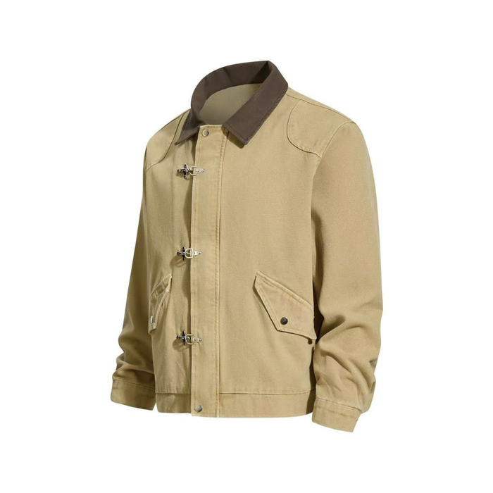 Beige utility jacket angled front view with flap pockets and toggle front