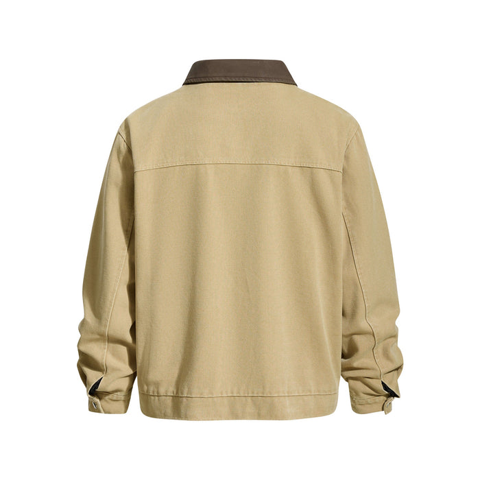 Back view of beige cropped work jacket with brown collar