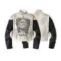 Front and back view of the Omirad Contrast Moto Jacket with off-white body, black sleeves, and skull graphic print