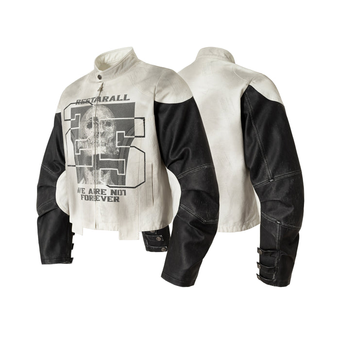 Cream and black moto jacket shown front and back with skull graphic print