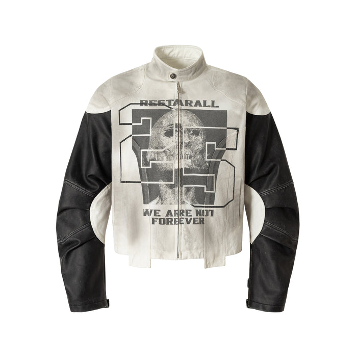 Front view of cream and black moto jacket with skull graphic and stand collar