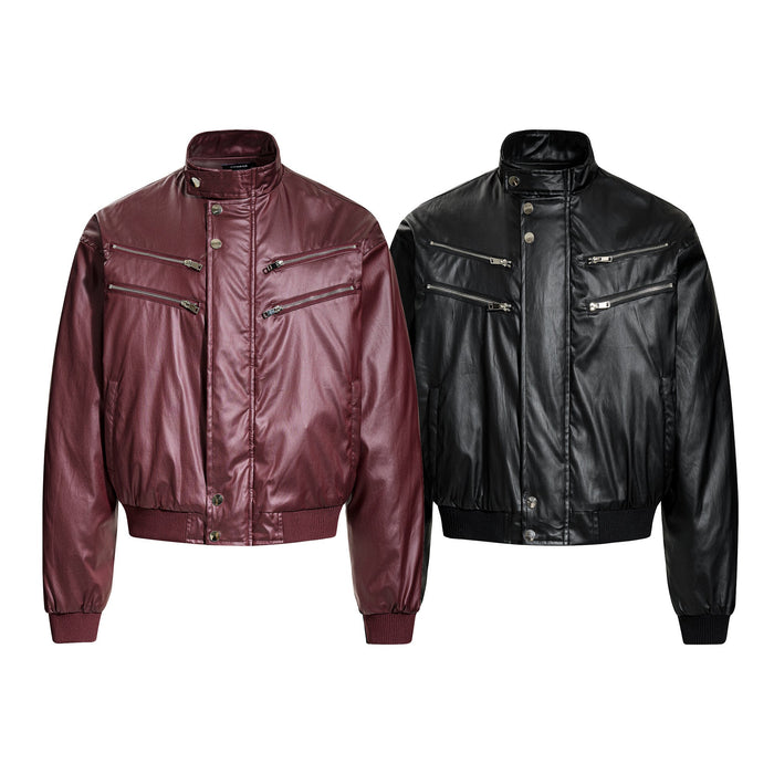 Omirad Dual-Zip PU Bomber Jacket shown in burgundy and black colorways, front view on white background