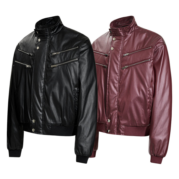 Black and burgundy PU bomber jackets shown front view, each with dual zippers and ribbed cuffs