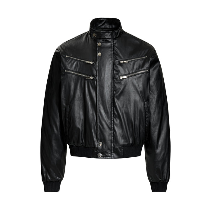 Black PU bomber jacket front view with high collar, four diagonal chest zippers and ribbed hem