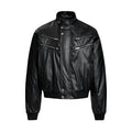 Black PU bomber jacket front view with high collar, four diagonal chest zippers and ribbed hem