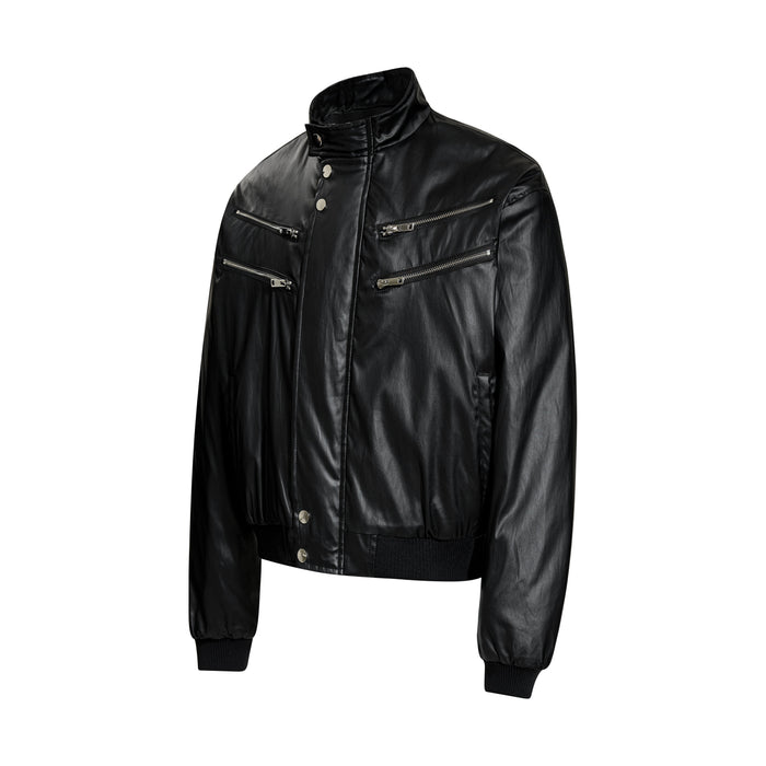 Black PU bomber jacket angled front view showing the high collar and diagonal zipper chest pockets