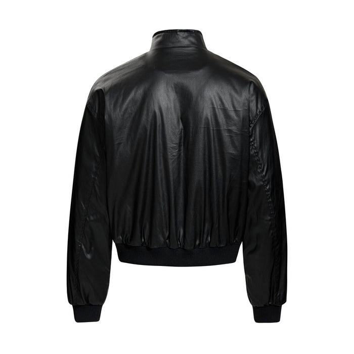 Black PU bomber jacket back view with smooth finish, ribbed hem and long sleeves