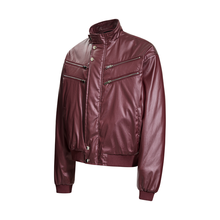Burgundy PU bomber jacket angled front view showing the high collar and diagonal zipper chest pockets