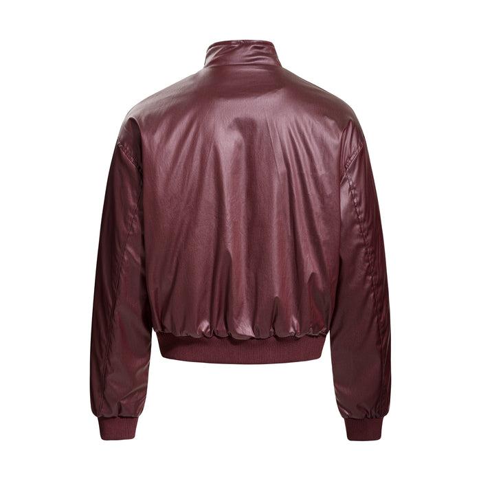 Burgundy PU bomber jacket back view with smooth finish, ribbed hem and long sleeves