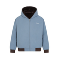 Omirad steel blue zip-up hoodie with dark brown fur-lined hood and ribbed cuffs, front view on white background