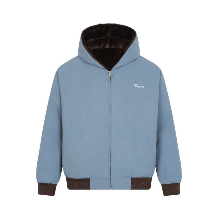 Omirad steel blue zip-up hoodie with dark brown fur-lined hood and ribbed cuffs, front view on white background