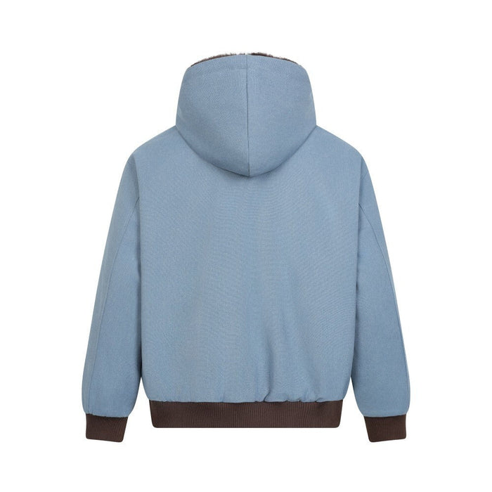 Light blue zip-up hoodie back view with brown ribbed hem and cuffs