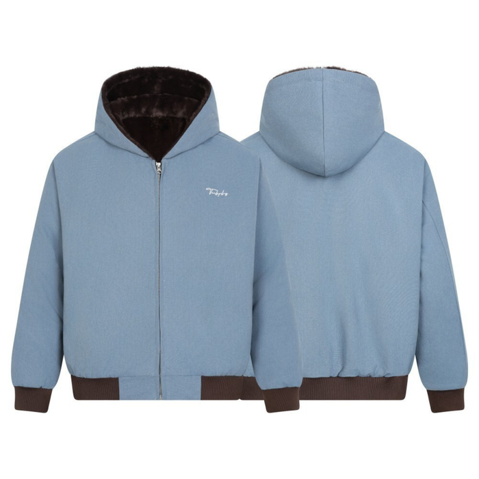 Light blue fur-lined zip-up hoodie front and back views with brown trim