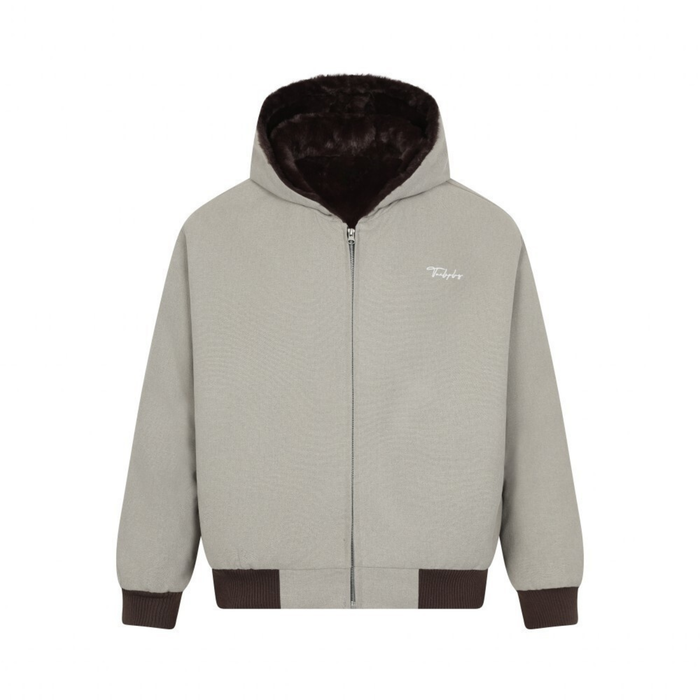 Beige zip-up hoodie front view with dark fur-lined hood and brown ribbed trim