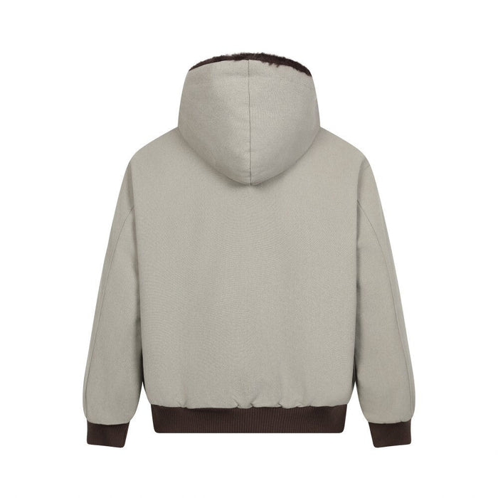 Beige zip-up hoodie back view with hood and brown ribbed hem and cuffs